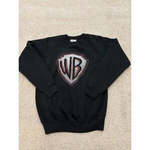 VTG Warner Brothers Big Logo Crewneck Sweater Black Made In USA Size Medium 90s